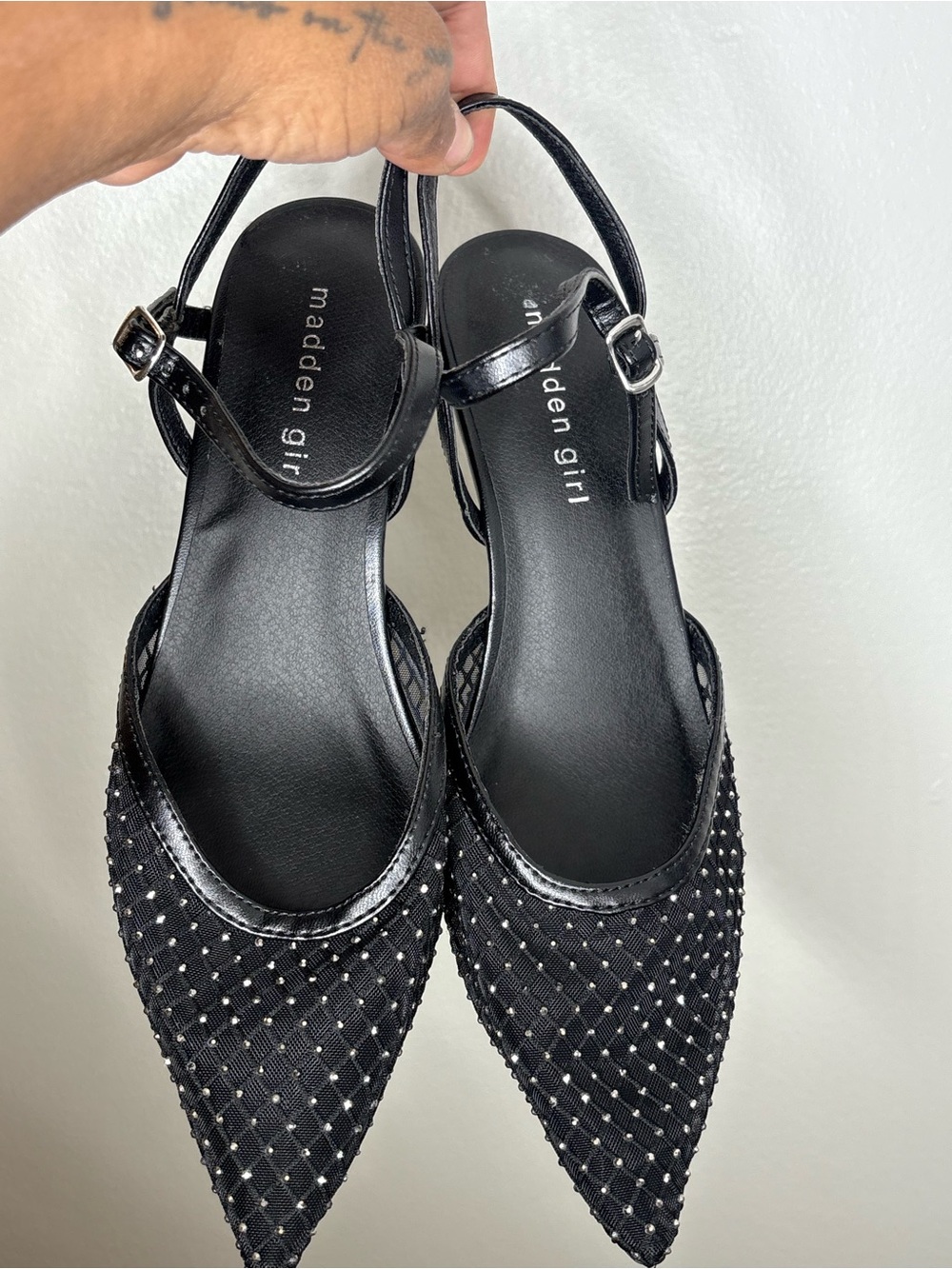 Madden Girl Black Pointed Slingback Flats with Rhinestone Mesh